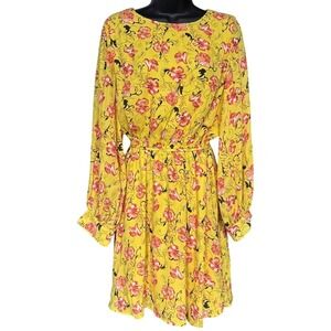 Halogen Floral Fit and Flare Chiffon Dress Sz M Bright‎ Yellow Dopamine Dressing
